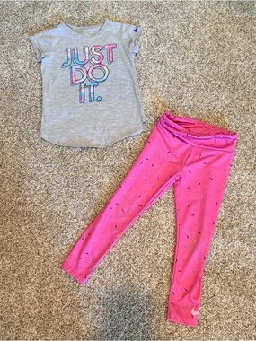 Nike Girls Outfit Set 4-5 Pink Leggings Gray Just Do It Shirt Cute Activewear